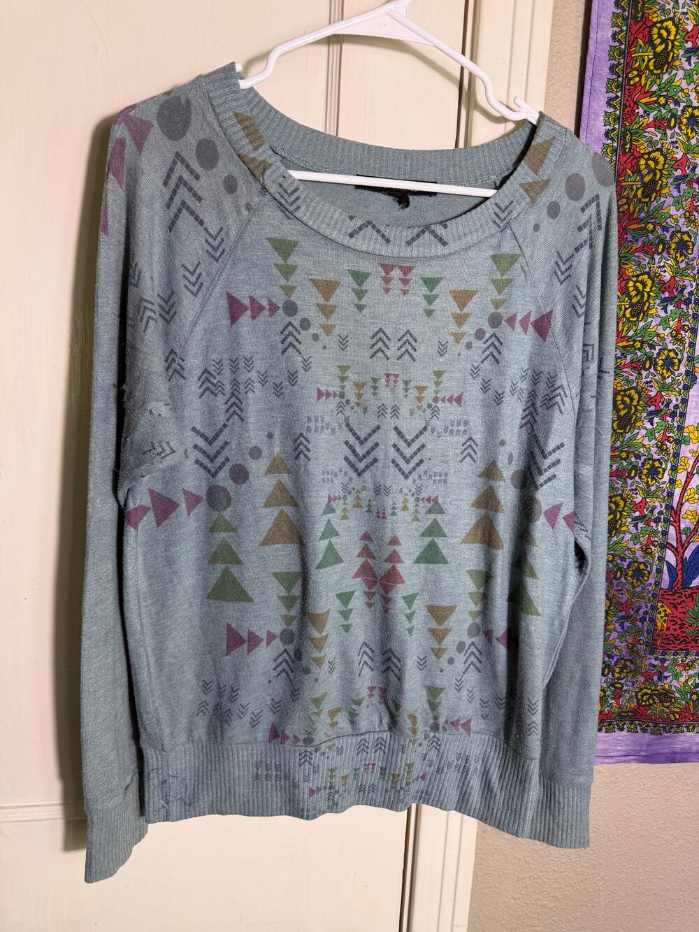 Forever 21 Womens Geometric Southwestern Sweater Blue Gray Boho Pullover